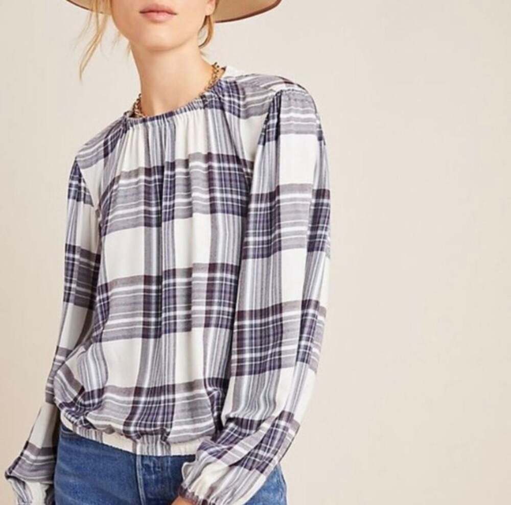 Cloth & Stone Anthropologie Glacier Flannel Plaid Balloon Sleeve Blouse Top S
